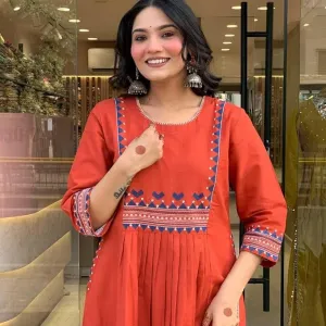 Women's Rayon Embroidered A-Line Kurti with Pant Set