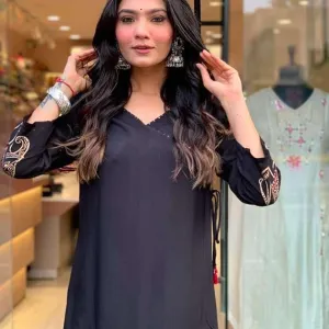 Women's Rayon Embroidered Straight Kurti with Pant Set