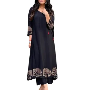 Women's Rayon Embroidered Straight Kurti with Pant Set Blue