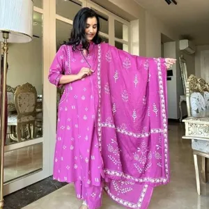 Women's Cotton Embroidered Anarkali Kurti with Pant and Dupatta Set