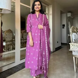 Women's Cotton Embroidered Anarkali Kurti with Pant and Dupatta Set