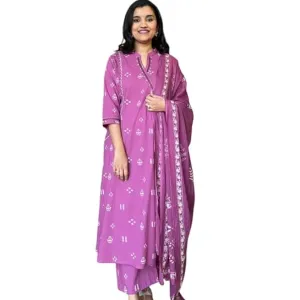 Women's Cotton Embroidered Anarkali Kurti with Pant and Dupatta Set
