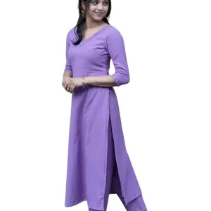 Women's Cotton V-Neck Solid Straight Kurti with Pant