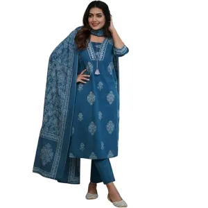 Women's Cotton Printed Straight Kurti with Pant and Dupatta Set