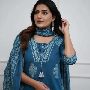 Women's Cotton Printed Straight Kurti with Pant and Dupatta Set