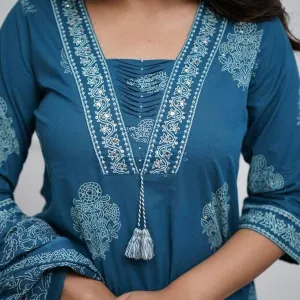 Women's Cotton Printed Straight Kurti with Pant and Dupatta Set