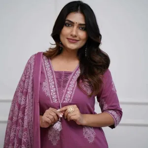 Women's Cotton Printed Straight Kurti with Pant and Dupatta Set