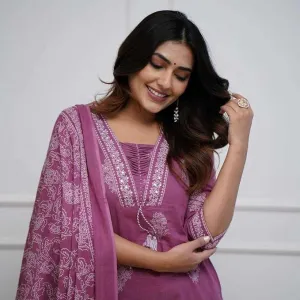 Women's Cotton Printed Straight Kurti with Pant and Dupatta Set
