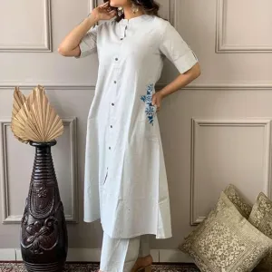 Women's Cotton Embroiderd Long A-Line Kurti with Palazzo