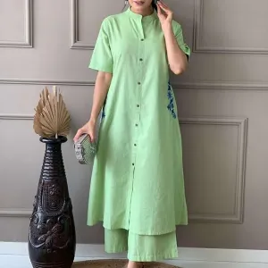 Women's Cotton Embroiderd Long A-Line Kurti with Palazzo