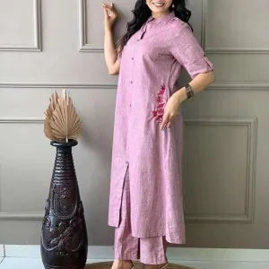 Women's Cotton Embroiderd Long A-Line Kurti with Palazzo