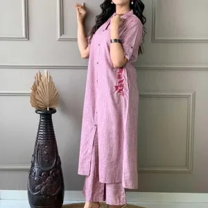 Womens Cotton Embroidered Long A Line Kurti with Palazzo Set