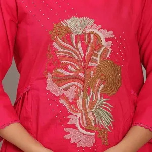 Womens Cotton Embroidered Straight Kurti Pant Ethnic Wear Pink