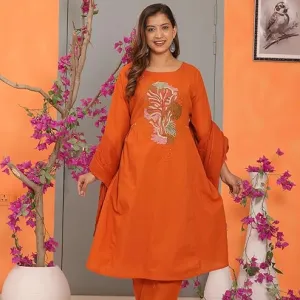 Women's Cotton Embroidery Straight Kurti with Pant Set