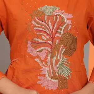 Womens Cotton Embroidery Straight Kurti with Pant Set Orange