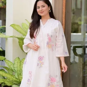 Cotton Embroidery A-Line Kurti with Pant...