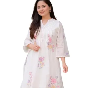 Cotton Embroidery A-Line Kurti with Pant Set for Women White