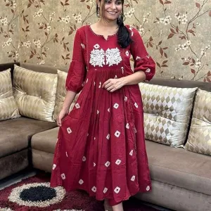 Women's Cotton Printed Long Anarkali Kurti with Pant