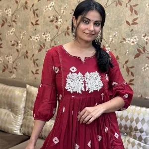 Womens Cotton Printed Anarkali Kurti with Pant for Daily Wear Red
