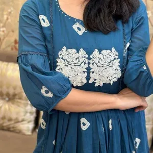 Women's Cotton Printed Long Anarkali Kurti with Pant