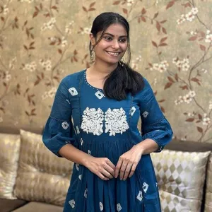 Womens Cotton Printed Long Anarkali Kurti Pant Casual Ethnic Set