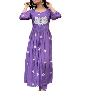 Women's Cotton Printed Long Anarkali Kurti with Pant