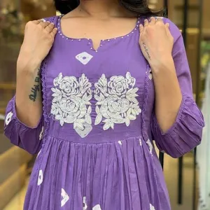 Womens Cotton Printed Long Anarkali Kurti with Pant Set