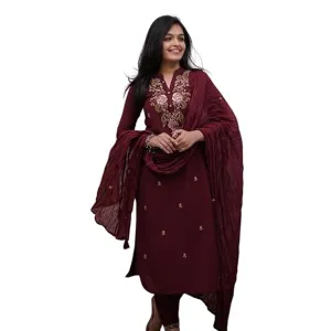 Women's Cotton Embroidery Work Straight Kurti with Pant & Mulmul Dupatta Set