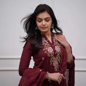 Women's Cotton Embroidery Work Straight Kurti with Pant & Mulmul Dupatta Set