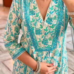 Women's Cotton Floral Printed Anazrkali Kurti with Pant & Dupatta Set