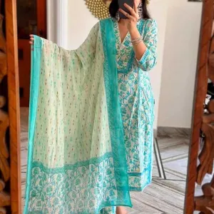 Women's Cotton Floral Printed Anazrkali Kurti with Pant & Dupatta Set