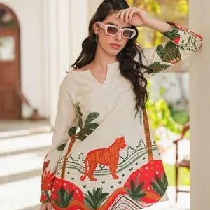 Women's Cotton Floral Printed Straight Short Kurti with Pant Set