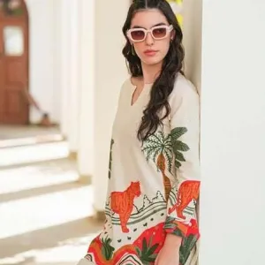 Womens Cotton Floral Printed Straight Short Kurti with Pant Set White