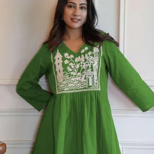 Womens Cotton Embroidered Short Anarkali Kurti with Pant Set Green
