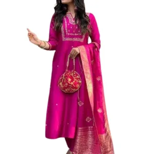Women's Viscose Silk Heavy Embroidered Straight Kurta with Trouser & Banarasi Jacquard Dupatta Set