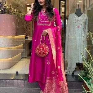 Womens Viscose Silk Embroidered Straight...