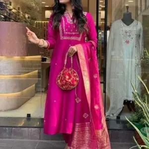 Womens Viscose Silk Embroidered Straight Kurta Trouser Dupatta Ethnic Set Pink