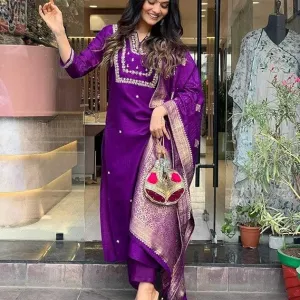 Women's Viscose Silk Heavy Embroidered Straight Kurta with Trouser & Banarasi Jacquard Dupatta Set