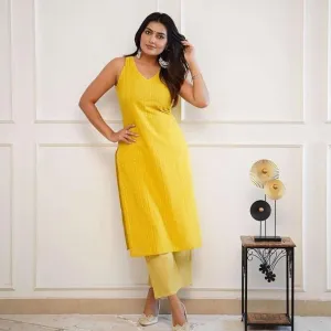 Womens Cotton Printed Sleeveless Straight Kurti with Pant Set Yellow