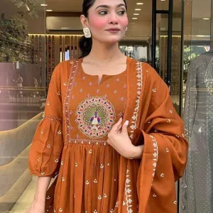 Women's Cotton Embroidered Anarkali Kurti with Malmal Dupatta Set