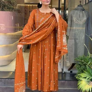 Womens Cotton Embroidered Anarkali Kurti with Malmal Dupatta Set