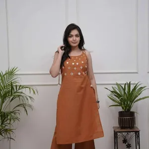 Women's Cotton Embroidery Sleeveless Kurti with Ankle Length Pant Set
