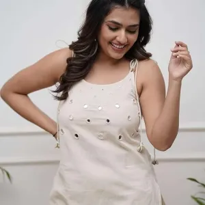 Womens Cotton Embroidery Sleeveless Kurti with Ankle Length Pant Set White