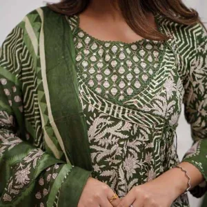 Women's Cotton Floral Printed Anarkali Kurti with Pant and Mulmul Dupatta Set