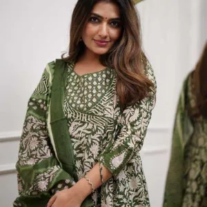 Women's Cotton Floral Printed Anarkali Kurti with Pant and Mulmul Dupatta Set