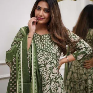 Women's Cotton Floral Printed Anarkali Kurti with Pant and Mulmul Dupatta Set