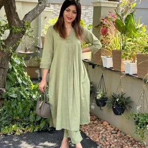 Womens Cotton Plain Kurti Pant Co Ord Set A Line Straight Fit