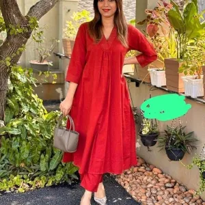 Womens Cotton Plain A Line Straight Kurt...