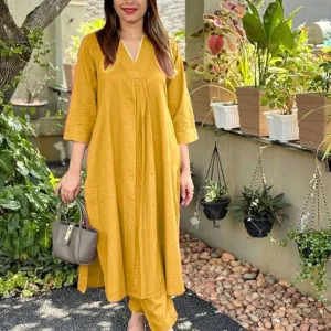 Women's Cotton Plain Coard Set A-Line Straight Kurti with Pant