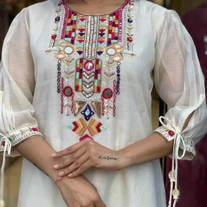 Women's Cotton Mirror Work Embroidered Straight Kurti with Pant and Dupatta Set